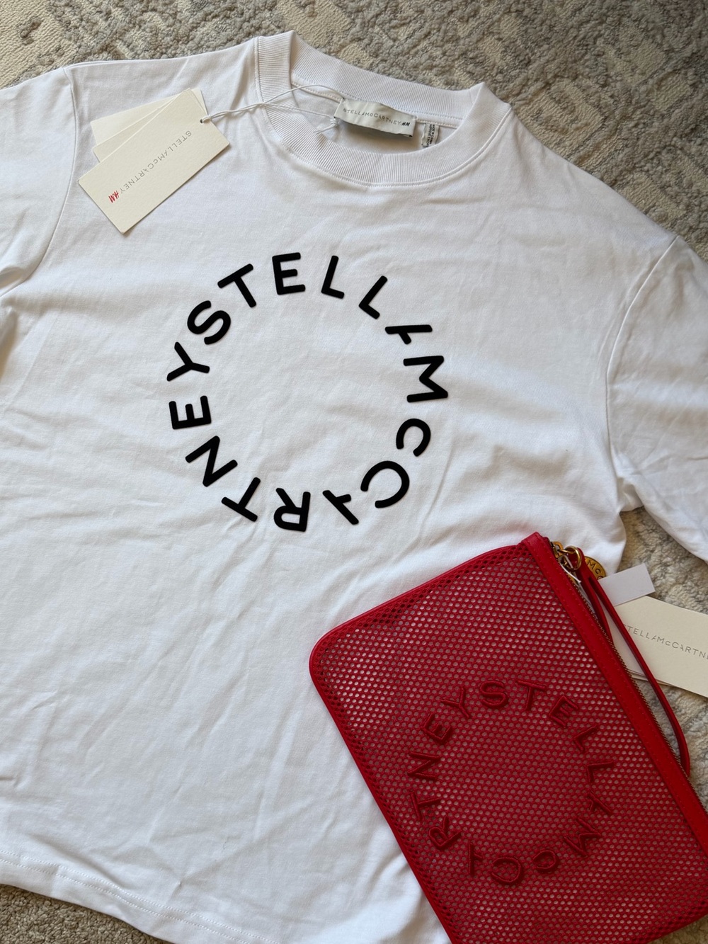 Stella McCartney H&M women’s White Logo Crewneck Tee  XS & Red Stella bag clutch